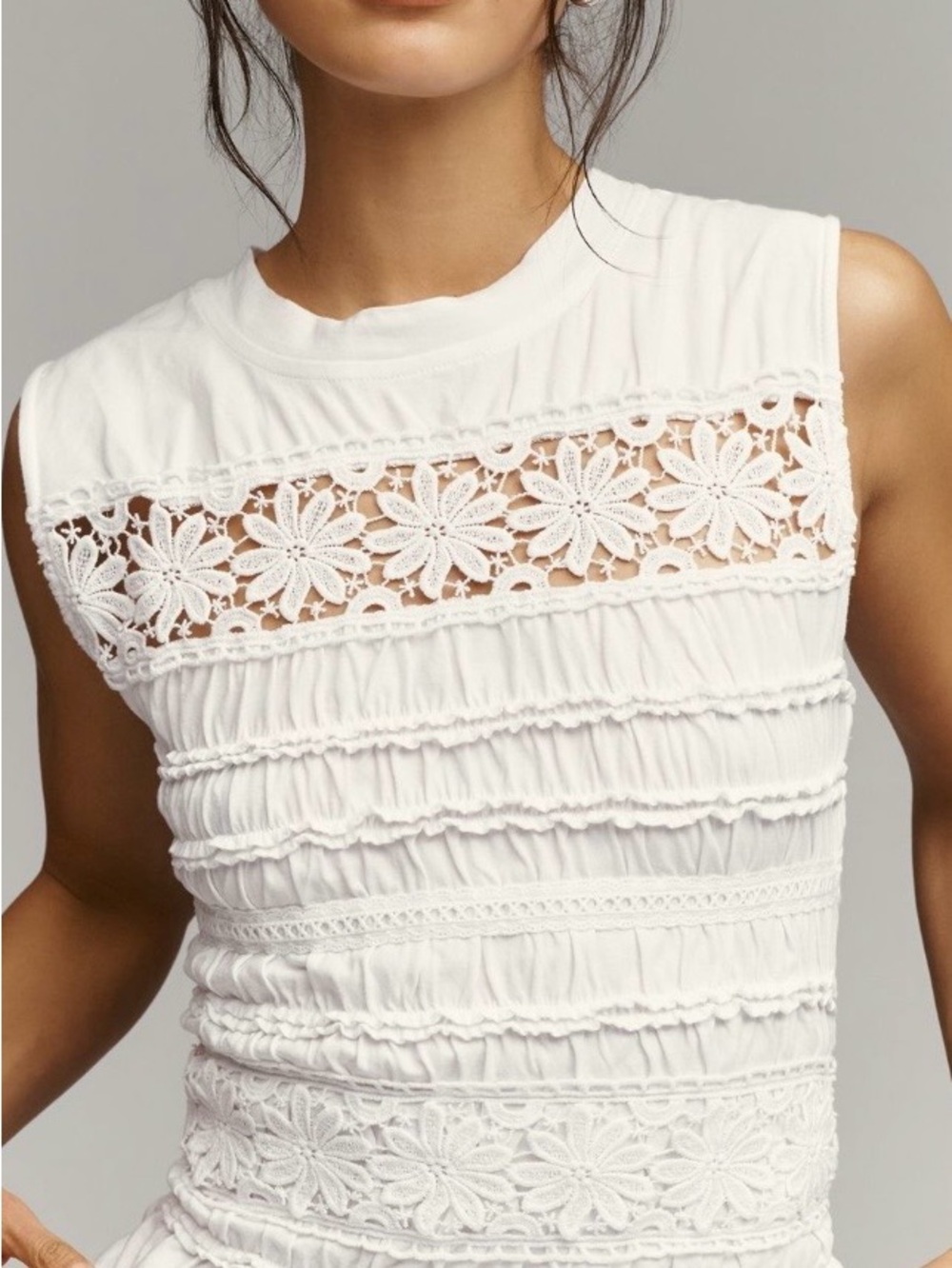 Anthropologie White Sleeveless Crochet-Trim Top